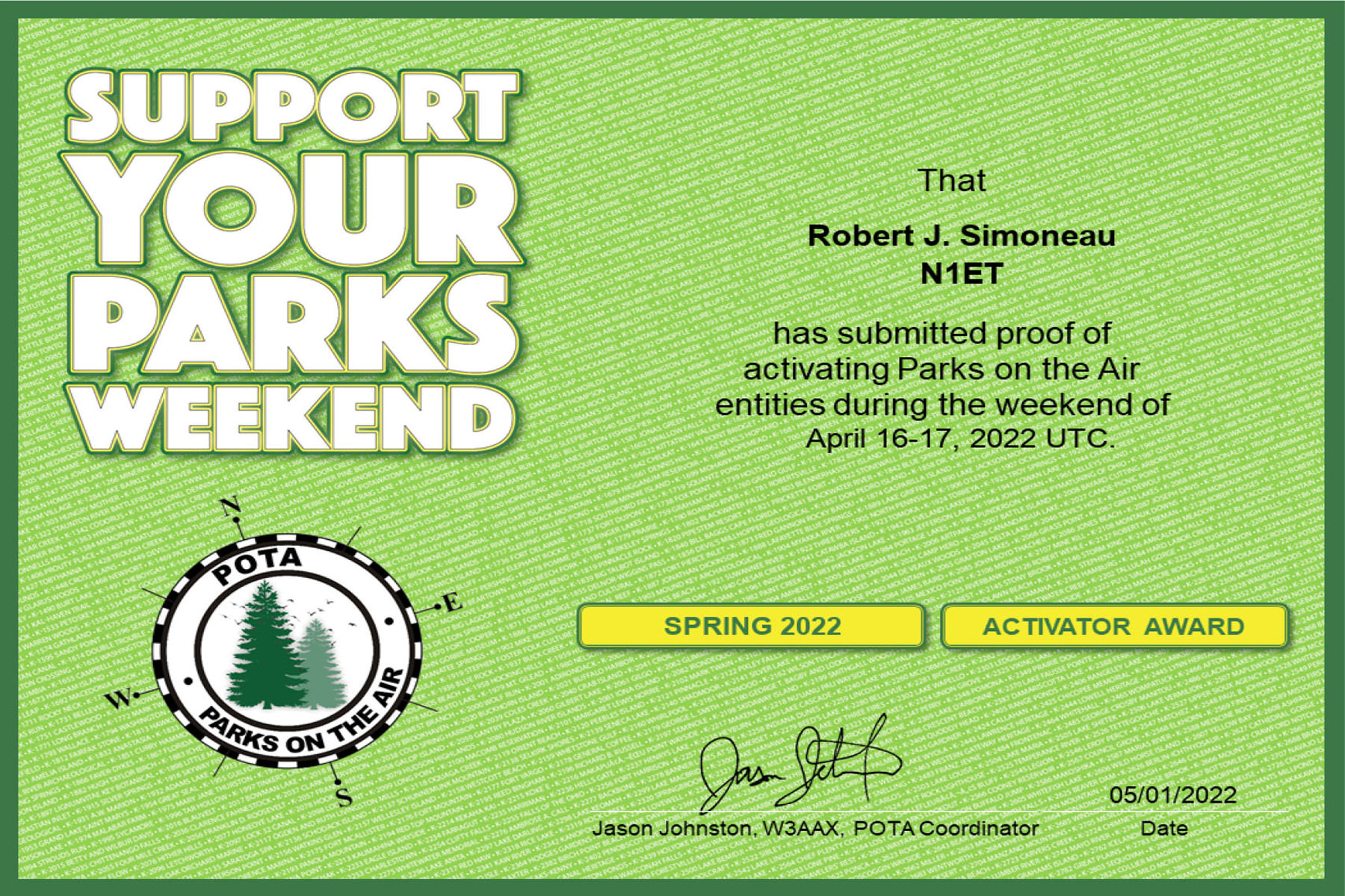 N1ET POTA Support Your Parks Activator